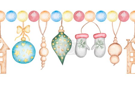 Watercolor Christmas seamless border with cute toys decoration clipart, Winter repeat border illustration, cute holidays decor clip art, card printing