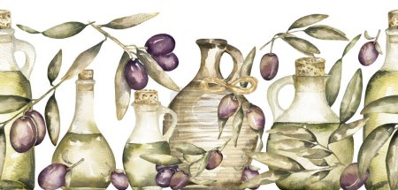 Borde sin costuras de olivo acuarela con aceitunas verdes, botella de aceite y clipart jarra. Ilustración botánica dibujada a mano aislada. Se puede utilizar para tarjetas, emblema, logotipos y diseño de alimentos.