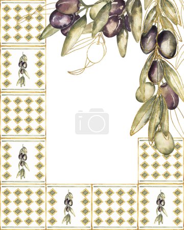 Foto de Marco de azulejos de acuarela con ilustración rama aceitunas - Imagen libre de derechos