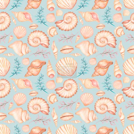 Watercolor sea shells seamless pattern, hand drawn summer ocen decor repeat paper, seashells scrapbook paper.
