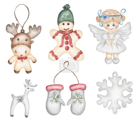 Foto de Acuarela árbol de Navidad juguetes clip art, Decoración de invierno de estilo vintage, ilustración de ángel de Navidad, ciervos, mitones y pan de jengibre imprimir - Imagen libre de derechos