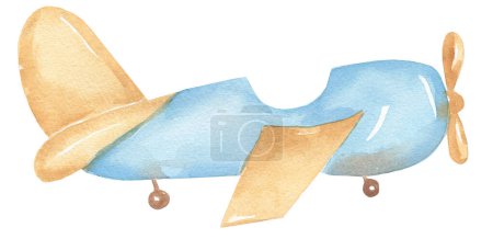 Watercolor transport Illustration, Cute  plane print clip art,   hand drawn kids party clipart. Blue and beige airplane, nursery transportation. Artwork for textiles, fabrics, souvenirs, baby shower, greeting card