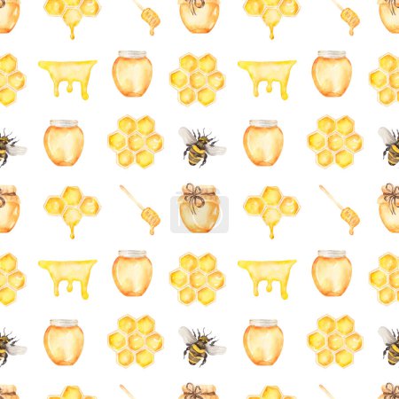Bees and honey seamless pattern, Watercolor Insect repeat paper, Cute yummy scrapbook paper, textile printing, yellow background