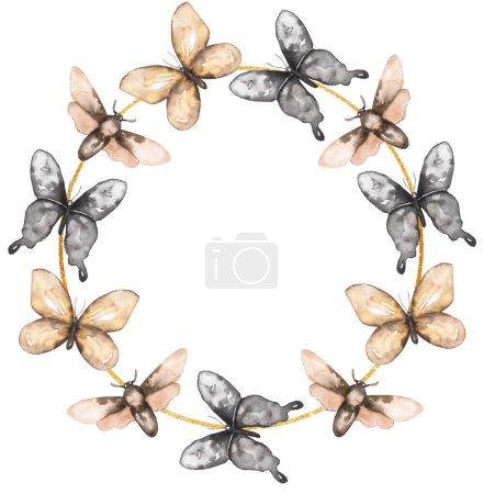 Grau und beige Schmetterlingskranz Illustration, Handgezeichnete Insekten Cliparts, Hochzeitseinladung, Logo Design, Kartenherstellung