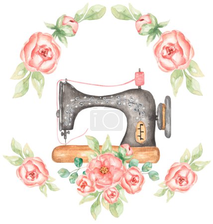 Aquarelle Machine à coudre et pivoine fleurs cadre de bouquet clipart, Rose fleur de jardin et de l'équipement de couture illustration. Tailor Shop logo, fabrication de cartes