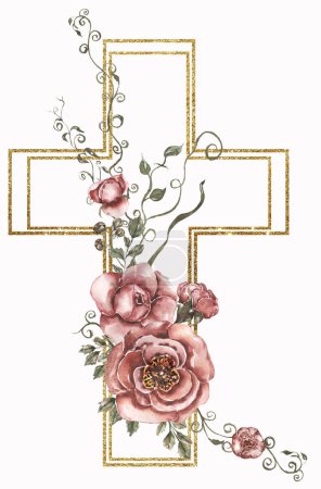 Watercolor hand painted Floral Cross Clipart, Easter Religious red peony flower illustration, Baptism Cross clipart, Holy Spirit clipart, golden frame, wedding, Easter, church, holiday, christian car