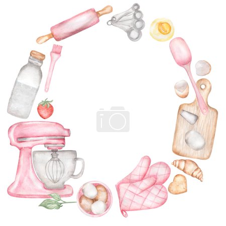 Watercolor hand drawn wreath with baking tools and ingredients in pink. Cooking frame template cards and logo with kitchen utensils, cake, whisk, spatula, rolling pin, spoons, flour, baked goods