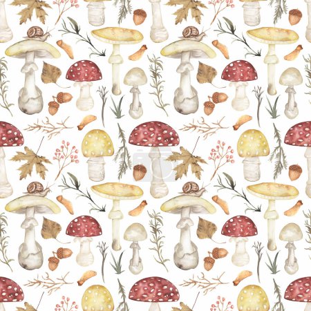 Watercolor fungus seamless pattern, autumn ornament with forest leaves, branches and mushrooms on white background. Fungi paper with florals print. 
