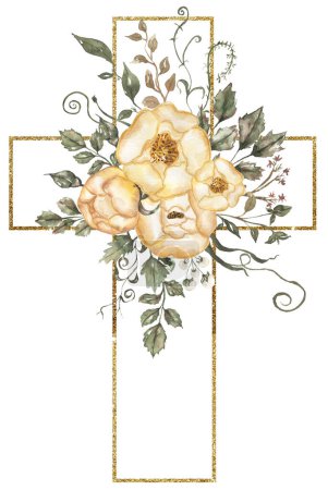 Watercolor hand painted Floral Cross Clipart, Easter Religious yellow peony flower illustration, Baptism Cross clipart, Holy Spirit clipart, golden frame, wedding, Easter, church, holiday
