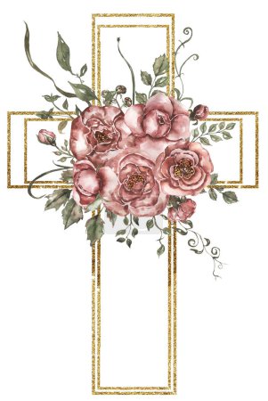 Watercolor hand painted Floral Cross Clipart, Easter Religious red peony flower illustration, Baptism Cross clipart, Holy Spirit clipart, golden frame, wedding, Easter, church, holiday