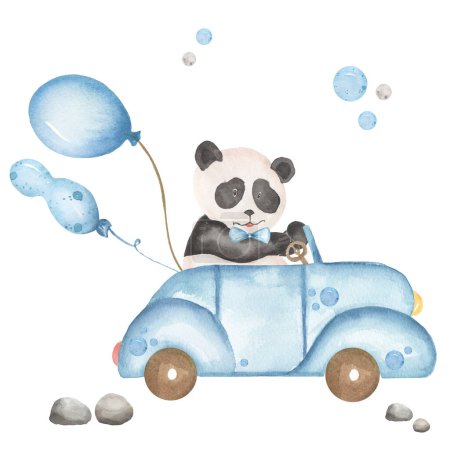 Niedlicher kleiner Panda beim Autofahren, blauer Transport mit Tier und Luftballons, Aquarell-Illustration für Kinderzimmer und Babydusche