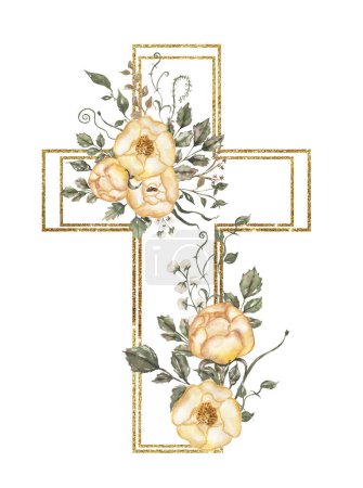 Acuarela pintado a mano cruz floral con clipart marco de oro, Pascua Religiosa ilustración, verde y amarillo peonía cruz, clip de bautismo arte, arte del Espíritu Santo, invitación de boda