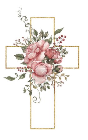 Watercolor hand painted floral cross with golden frame clipart, Easter Religious illustration, greenery and red peony cross, Baptism clip art, Holy Spirit art, wedding invitation