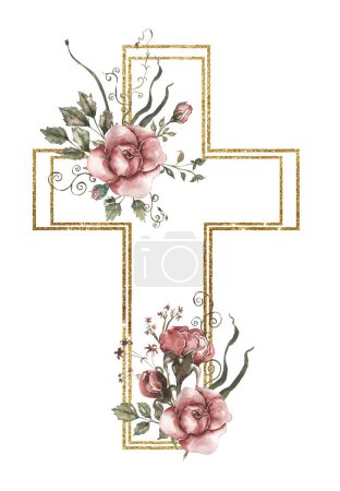 Watercolor hand painted floral cross with golden frame clipart, Easter Religious illustration, greenery and pink peony cross, Baptism clip art, Holy Spirit art, wedding invitation