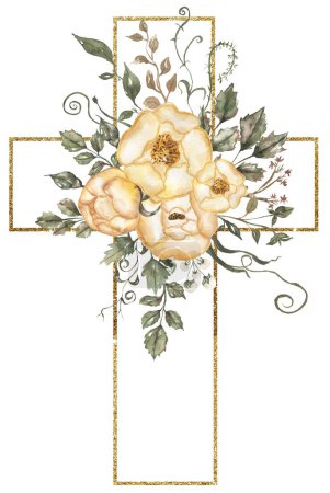 Watercolor hand painted floral cross with golden frame clipart, Easter Religious illustration, greenery and yellow peony cross, Baptism clip art, Holy Spirit art, wedding invitatio