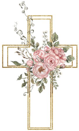 Acuarela pintado a mano cruz floral con clipart marco de oro, Pascua Religiosa ilustración, vegetación y peonía roja cruz, clip de bautismo arte, arte del Espíritu Santo, invitatio boda