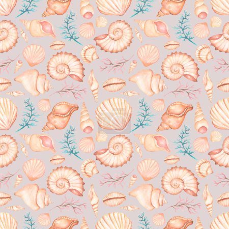 Acuarela conchas de mar patrón sin costura, mano dibujado ocen decoración de verano repetir papel, conchas de mar scrapbook papel.