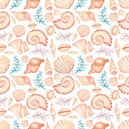 Acuarela conchas de mar patrón sin costura, mano dibujado ocen decoración de verano repetir papel, conchas de mar scrapbook papel.