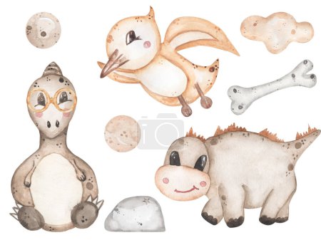 Foto de Acuarela bebé dinosaurios ilustración, animales lindos clipart para vivero y baby shower - Imagen libre de derechos