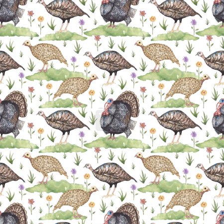 Watercolor turkey bird seamless pattern, wild life life cycle repeat paper, animals textile background