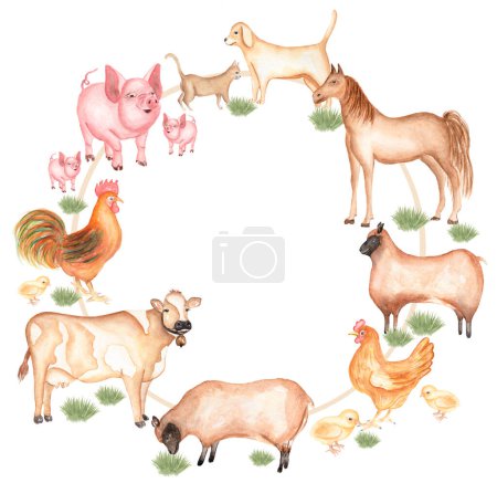 Watercolor farm animals wreath illustration. Hand drawn animal: cute pink pig, sheep, horse, cow, dog and hen print. Country life frame clip art.