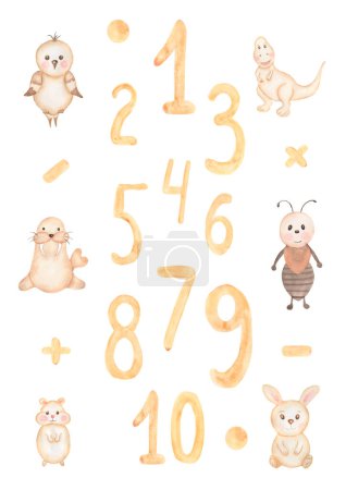 Aquarelle affiche enfantine avec des animaux mignons et des nombres. Bébé personnages dans des couleurs beige. Décor de chambre d'enfants. Parfait pour les invitations, cartes de v?ux, Baby shower