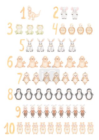 Aquarell kindliches Poster mit niedlichen Tieren und Zahlen. Babyfiguren in beigen Farben. Kinderzimmerdekor. Perfekt für Einladungen, Grußkarten, Babydusche