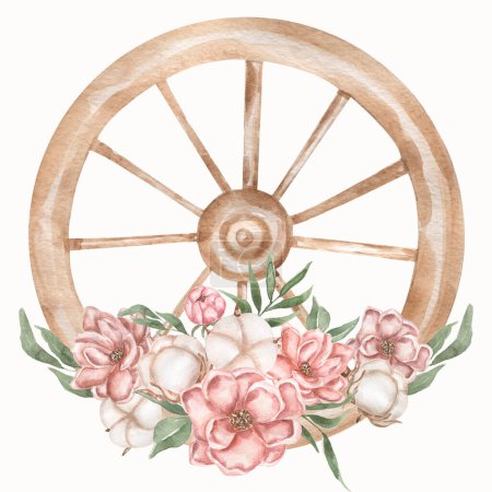 Watercolor old style wheel with peony, cotton and greenery elements arrangment clipart, delicate flowers illustration in vintage style
