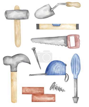 Watercolor builder elements clipart set, hammer, saw, nail, clipper, roulette, screw, screwdriver hand drawn illustration. kids school card clip art, educational, graphics with professions.