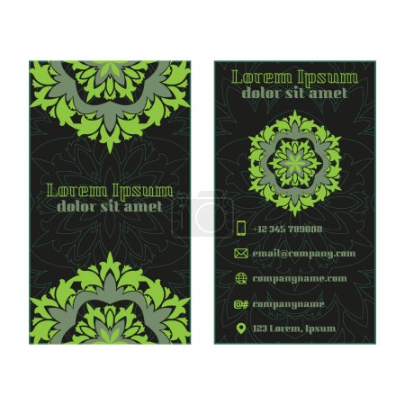 Business cards, each with a unique color scheme and intricate, symmetrical design, resembling snowflakes or mandalas.