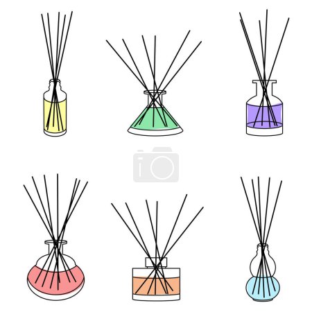 Illustration for Home aromatherapy vector set. Color diffusers with sticks isolated on white background. Scented and aroma. Line art Illustration, Mindfulness concept - Royalty Free Image