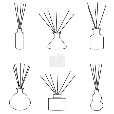Illustration for Home aromatherapy vector set. Outline diffusers with sticks isolated on white background. Scented and aroma. Line art Illustration, Mindfulness concept - Royalty Free Image