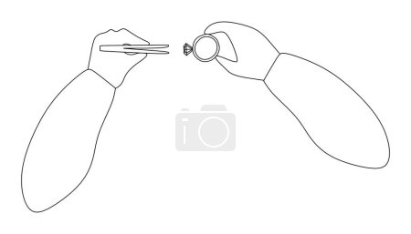 Illustration for Line art drawing of Jeweler hands with Tweezers and Diamond rings. Hand Drawn Vector Linear illustration isolated on white. Jewelry making concept in Trendy technique for Card, Poster, Placard - Royalty Free Image