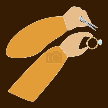 Illustration for Flat jeweler hands Holding Tweezers and Ring with Big Gemstone. Cartoon Brilliant icon. Jeweler profession. Jeweler day card. Vector illustration isolated on white. Jewelry making concept. - Royalty Free Image