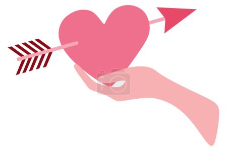 Illustration for Hand holding Heart pierced by arrow of love. Vector Flat style illustration isolated on white. Romantic Graphic Art for Valentines Day Card, Poster, Printed Sticker Pack, Decoration, Poster. - Royalty Free Image