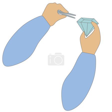 Illustration for Flat And Outline jeweler hands Holding Tweezers and Big Ruby Gemstone. Red Brilliant icon. Jeweler profession. Jeweler day card. Vector Cartoon illustration isolated on white. Jewelry making concept. - Royalty Free Image