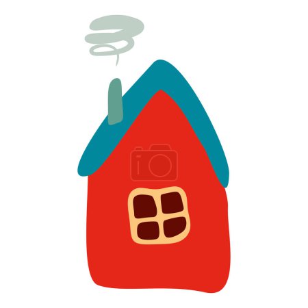 Illustration for Small Colorful crooked house in Flat style with Smoke from Chimney, Roof and Window. Cartoon Children drawing Vector illustration Isolated white background. Design art Home for Sticker, Card, Poster. - Royalty Free Image