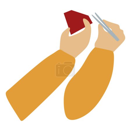 Illustration for Flat jeweler hands Holding Tweezers and Big Ruby Gemstone. Red Brilliant icon. Jeweler profession. Jeweler day card. Vector Cartoon illustration isolated on white. Jewelry making concept. - Royalty Free Image