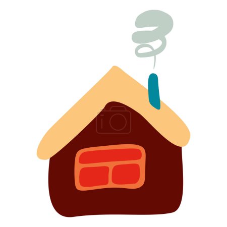 Illustration for Small Colorful crooked house in Flat style with Smoke from Chimney, Roof and Window. Cartoon Children drawing Vector illustration Isolated white background. Design art Home for Sticker, Card, Poster. - Royalty Free Image