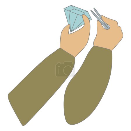 Illustration for Flat And Outline jeweler hands Holding Tweezers and Big Gemstone. Blue Brilliant icon. Jeweler profession. Jeweler day card. Vector Cartoon illustration isolated on white. Jewelry making concept. - Royalty Free Image