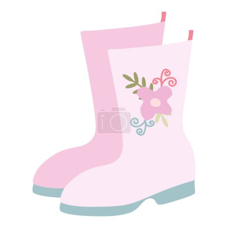 Illustration for Pink Rubber boots with Flower Application isolated on white. Vector Flat Gumboots illustration. Spring seasonal Footwear for Rainy day, Protection Clothing. Design art for Card, Poster, Logo, Decor. - Royalty Free Image