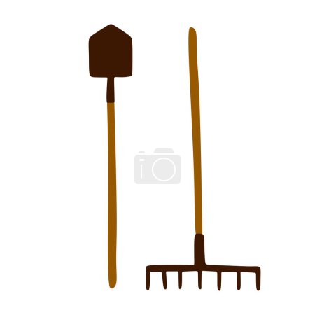 Illustration for Gardening Tools Icon Flat Graphic Design. Vector Flat Rake and Shovel Illustration Isolated on white. Agriculture Equipment Objects for Card, Logotype, Clip Art, Sticker. Cartoon Digging Symbols. - Royalty Free Image