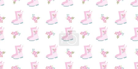 Rose Rain boots Seamless Pattern. Pink Rubber boots and Flowers on White background. Spring Gumboots Loop Template for Greeting card, Banner, Packaging, Fabric, Textile Flat Vector Illustration.