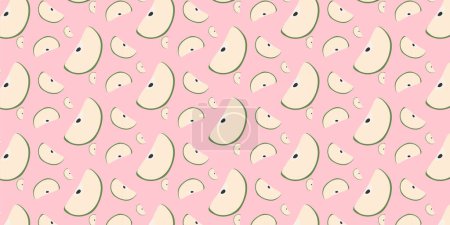 Vector seamless pattern with Apples on Pink background. Fruit Slices of varieties, cripps pink, empire, fuji, gala, golden, granny smith. Fresh and Healthy template for Textile, Wrapping paper, Decor.