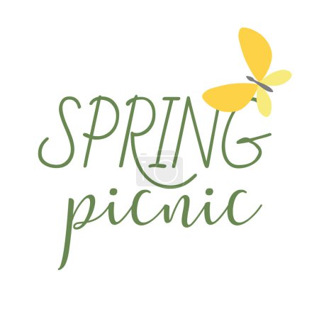 Hand drawn Vector Illustration with Green Lettering on White background. Isolated Text Spring Picnic and Butterfly for Party, Invitation, Celebration, Advertising, Message, Poster, Flyer, Banner.
