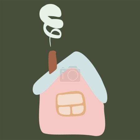 Cute little country house with window and roof. Facade of home with chimney and smoke. Cottage exterior. Flat Vector illustration isolated. Childish drawing style, Simple Graphic Art, Design Object.