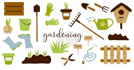 Gardening Set Tools. Vector Flat Collection of Spring Garden Equipment and Plants. Rake, Spade, Flowerpot, Rubber Boots and Gloves, Flower Bulbs. Design Graphic Art, Seasonal Illustration, Housekeep.