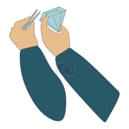 Jeweler Hand holds Big Red Gemstone and Tweezers. Vector Flat Cartoon Isolated on White Illustration, Jewelry Making concept, Handmade. Design Art Template for Greeting Card, Poster, Banner.