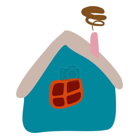 Small Colorful crooked house in Flat style with Smoke from Chimney, Roof and Window. Cartoon Children drawing Vector illustration Isolated white background. Design art Home for Sticker, Card, Poster.