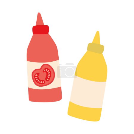 Bottles of Ketchup and Mustard Isolated on White background. Vector illustration of Sauces for BBQ, Picnic, Fast food. Yellow Dijon and Tomato Dip for Cooking Design Element for Sticker, Menu, Card